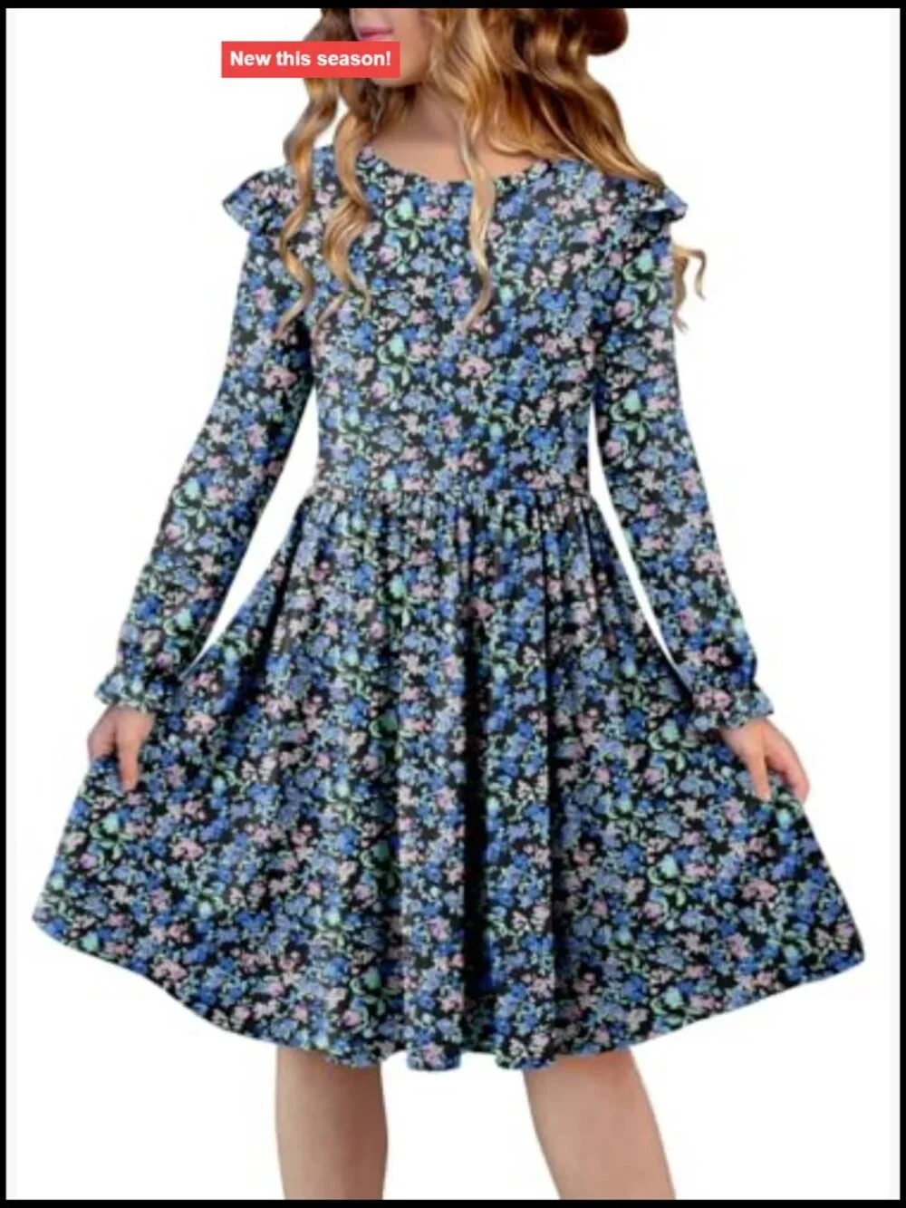 Girls Long Sleeve Ruffle Skater Dress Cotton Blend Lightweight